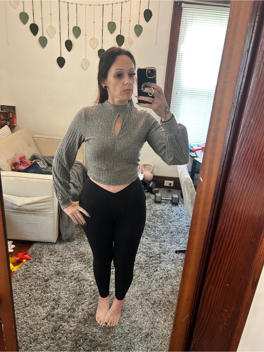 Buckle Grey Ribbed Mock Neck Crop Top with Keyhole